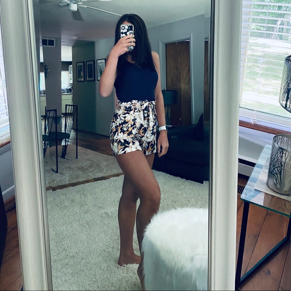 Floral blue and gold paper bag waist shorts